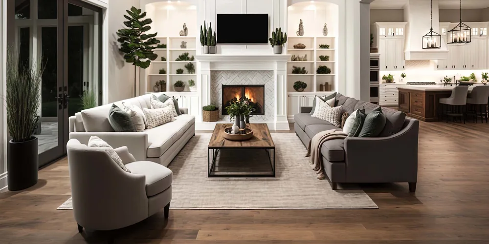 Stylish living room with neutral furniture and a cozy fireplace